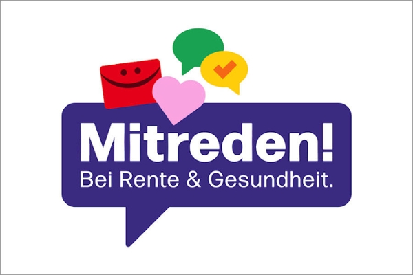 Sprechblase mit Schriftzug "Mitreden! Bei Rente & Gesundheit. Sprechblase mit Schriftzug "Mitreden! Bei Rente & Gesundheit.