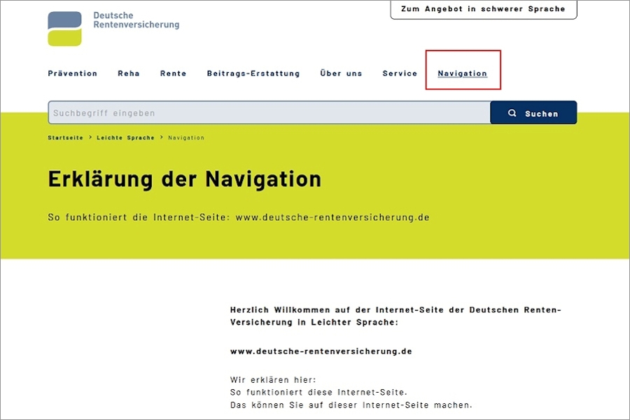 Erkärung der Navigation Deutsche Rentenversicherung