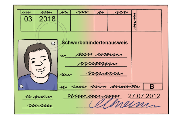 Ausweis für schwer-behinderte Menschen (Quelle: Lebenshilfe für Menschen mit geistiger Behinderung Bremen e.V., Illustrator Stefan Albers, Atelier Fleetinsel, 2013)