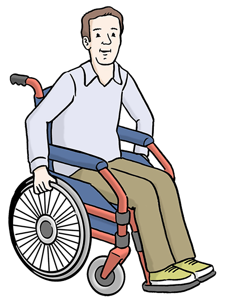 Ein Mann im Roll-Stuhl (Quelle: Lebenshilfe für Menschen mit geistiger Behinderung Bremen e.V., Illustrator Stefan Albers, Atelier Fleetinsel, 2013)