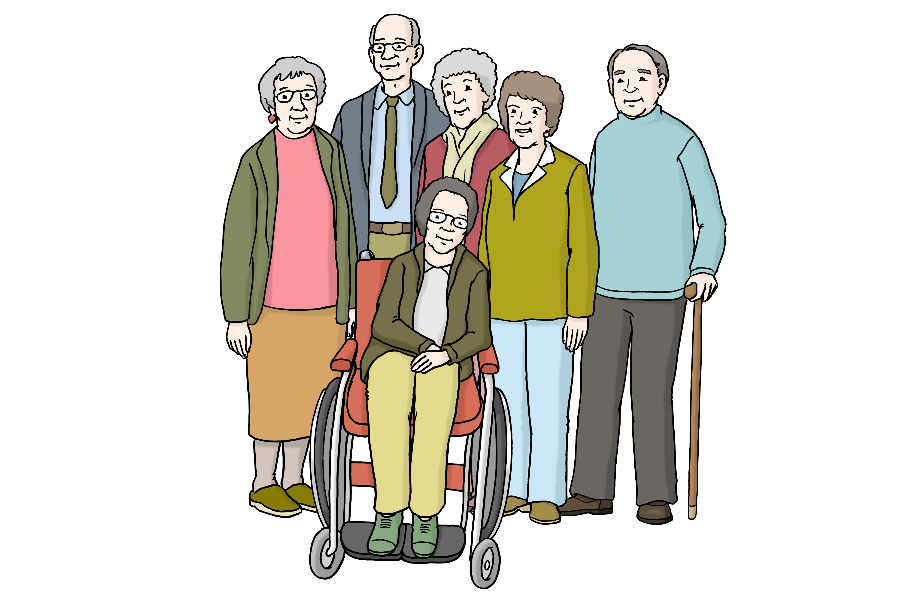 Menschen, alt (Quelle: Lebenshilfe für Menschen mit geistiger Behinderung Bremen e.V., Illustrator Stefan Albers, Atelier Fleetinsel, 2013) Menschen, alt (Quelle: Lebenshilfe für Menschen mit geistiger Behinderung Bremen e.V., Illustrator Stefan Albers, Atelier Fleetinsel, 2013)