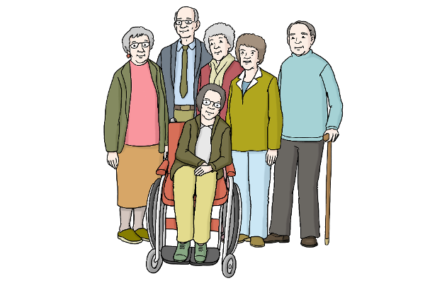 Menschen, alt (Quelle: Lebenshilfe für Menschen mit geistiger Behinderung Bremen e.V., Illustrator Stefan Albers, Atelier Fleetinsel, 2013)