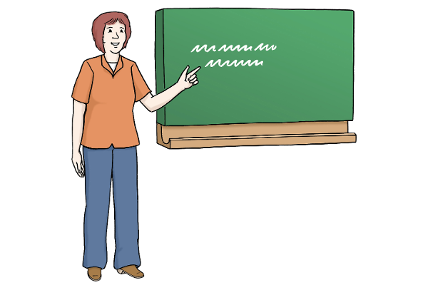 Eine Lehrerin bei der Umschulung (Quelle: Lebenshilfe für Menschen mit geistiger Behinderung Bremen e.V., Illustrator Stefan Albers, Atelier Fleetinsel, 2013)  Eine Lehrerin bei der Umschulung (Quelle: Lebenshilfe für Menschen mit geistiger Behinderung Bremen e.V., Illustrator Stefan Albers, Atelier Fleetinsel, 2013)