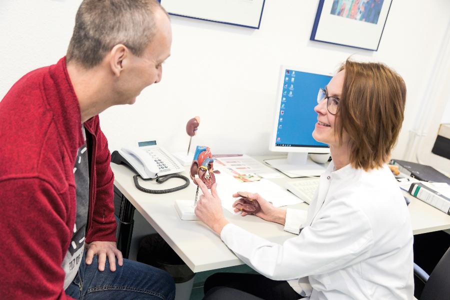 Eine Ärztin klärt einen Patienten mithilfe eines Organmodells auf Eine Ärztin klärt einen Patienten mithilfe eines Organmodells auf