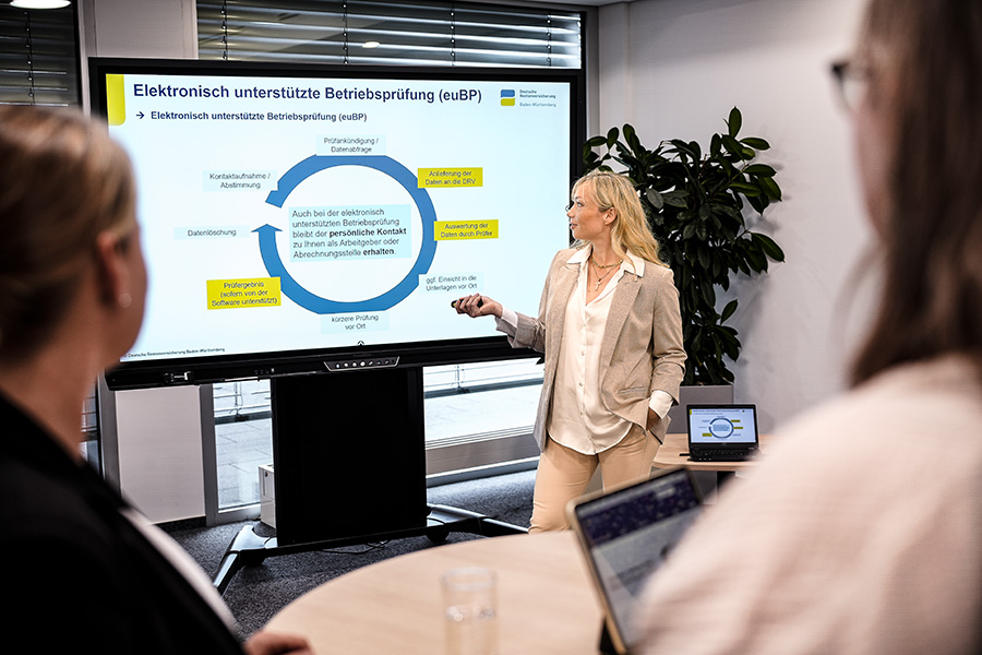 Eine Referentin erklärt auf dem Arbeitgeber-Seminar die Elektronisch unterstützte Betriebsführung anhand einer Folie auf einem Bildschirm. Eine Referentin erklärt auf dem Arbeitgeber-Seminar die Elektronisch unterstützte Betriebsführung anhand einer Folie auf einem Bildschirm.