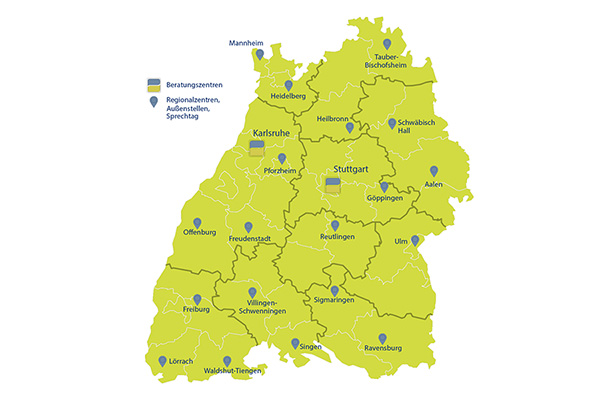 Eine Landkarte von Baden-Württemberg, welche die Beratungszentren, Regionalzentren, Außenstellen und Sprechtag zeigt. Eine Landkarte von Baden-Württemberg, welche die Beratungszentren, Regionalzentren, Außenstellen und Sprechtag zeigt.