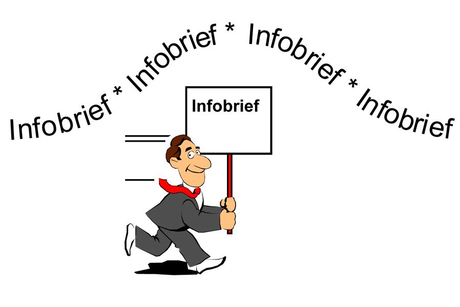 Das Bild zeigt die Grafik des Info-Briefes der DRV Baden-Württemberg: Ein gezeichneter Mann läuft und hält ein Schild mit der Aufschrift "Info-Brief" hoch.