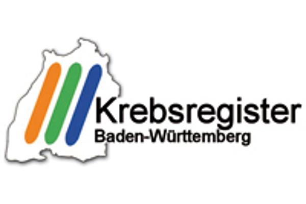 Das Logo zeigt eine Umrisskarte des Landes Baden-Württemberg mit drei farbigen Diagonalstrichen und der Aufschrift Krebsregister Baden-Württemberg