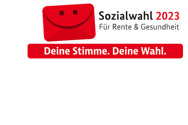 Logo der Sozialwahl 2023; Lachender roter Briefumschlag, Schriftzug Sozialwahl 2023. Für Rente und Gesundheit. Deine Stimme. Deine Wahl. Logo der Sozialwahl 2023; Lachender roter Briefumschlag, Schriftzug Sozialwahl 2023. Für Rente und Gesundheit. Deine Stimme. Deine Wahl.