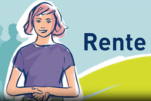 Zeichnung einer jungen Frau mit rosa Haaren und lila T-Shirt. Neben ihr der Schriftzug "Rente". Zeichnung einer jungen Frau mit rosa Haaren und lila T-Shirt. Neben ihr der Schriftzug "Rente".