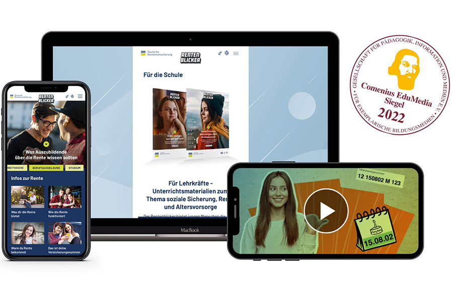Das Bild zeigt einen Laptop mit einem Screenshot vom Rentenblicker. Rechts befindet sich das Comenius EduMedia Siegel 2022. Das Bild zeigt einen Laptop mit einem Screenshot vom Rentenblicker. Rechts befindet sich das Comenius EduMedia Siegel 2022.