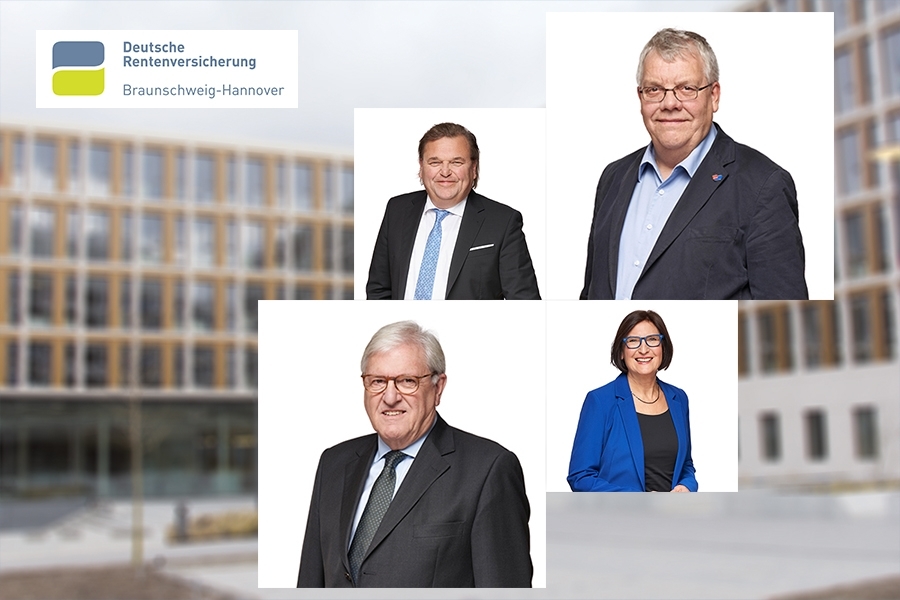 Das Bild zeigt im Hintergrund die Laatzener Hauptverwaltung der Deutschen Rentenversicherung Braunschweig-Hannover. Im Vordergrund befinden sich die Portraitbilder der zwei neuen Vorsitzenden sowie der zwei Stellvertretern. Das Bild zeigt im Hintergrund die Laatzener Hauptverwaltung der Deutschen Rentenversicherung Braunschweig-Hannover. Im Vordergrund befinden sich die Portraitbilder der zwei neuen Vorsitzenden sowie der zwei Stellvertretern.