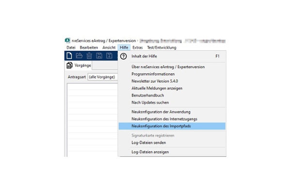 Screenshot aus den rveServices: Neukonfiguration des Importpfades über den Reiter "Hilfe" Screenshot aus den rveServices: Neukonfiguration des Importpfades über den Reiter "Hilfe"