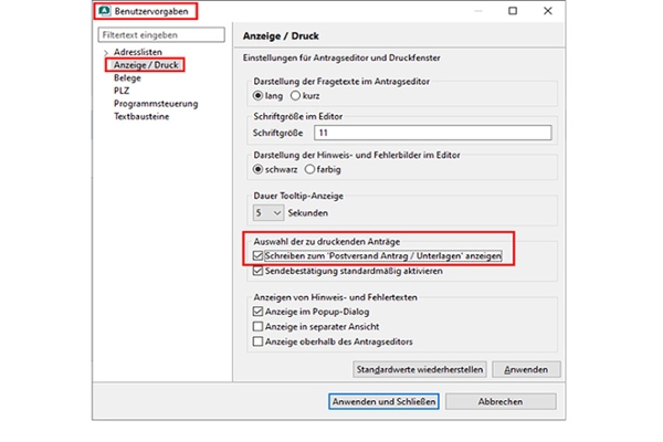 Screenshot: Benutzervorgaben ändern Screenshot: Benutzervorgaben ändern