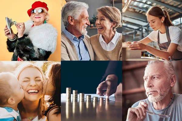 Das Bild zeigt sechs Vortragsmotive aneinandergereit. Jeweils drei untereinander: Eine ätere Dame mit Geldscheinen, ein älteres Paar in der Tür eines VW-Bullis, eine Hand mit Münzgeldstapeln, zwei Kinder küssen eine Mutter, Geldscheine, ein Mann sägt Das Bild zeigt sechs Vortragsmotive aneinandergereit. Jeweils drei untereinander: Eine ätere Dame mit Geldscheinen, ein älteres Paar in der Tür eines VW-Bullis, eine Hand mit Münzgeldstapeln, zwei Kinder küssen eine Mutter, Geldscheine, ein Mann sägt