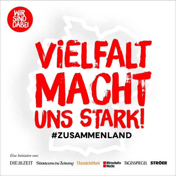 Logo der Kampagne #zusammenland mit dem Umriss einer Deutschlandkarte dem Text: Vielfalt macht uns stark Logo der Kampagne #zusammenland mit dem Umriss einer Deutschlandkarte dem Text: Vielfalt macht uns stark