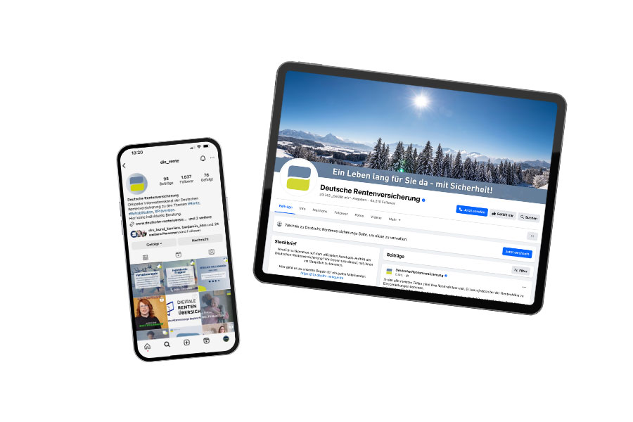 Ein Tablet mit dem Facebookkanal der Deutschen Rentenversicherung und ein Handy mit dem Instagramkanal der Deutschen Rentenversicherung Ein Tablet mit dem Facebookkanal der Deutschen Rentenversicherung und ein Handy mit dem Instagramkanal der Deutschen Rentenversicherung