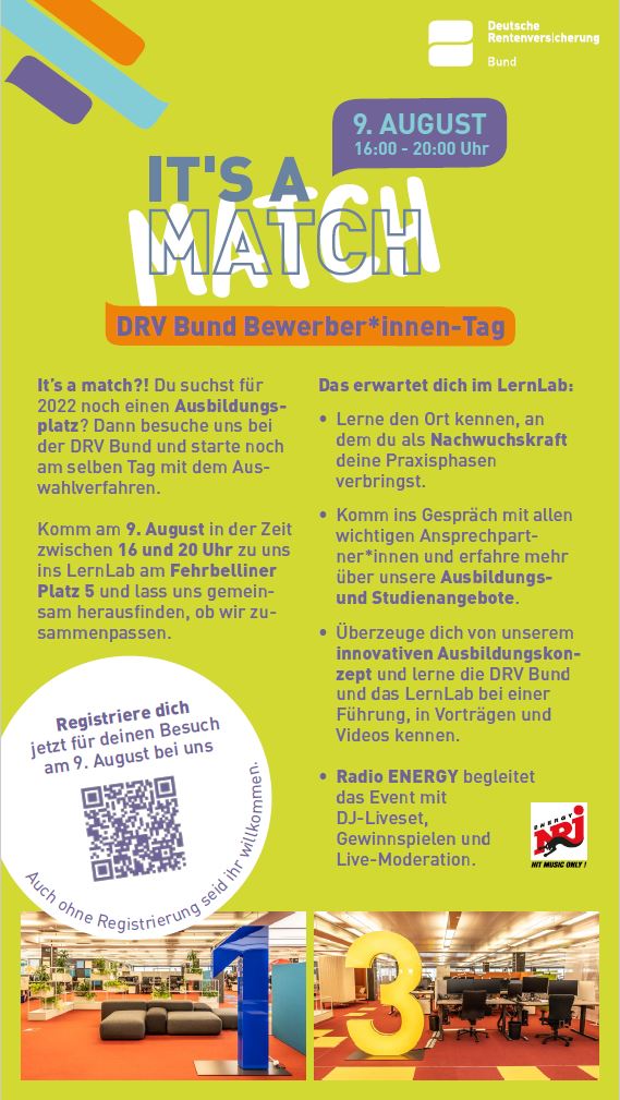 Cover des Flyers zur Einladung ins Lernlab. Gestaltet in grünem Design mit Schriftzug: It's a Match DRV Bund Bewerber-Tag