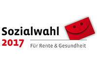 Logo der Sozialwahl 2017; Lachender roter Briefumschlag sowie der Text: "Sozialwahl 2017, Für Rente & Gesundheit"