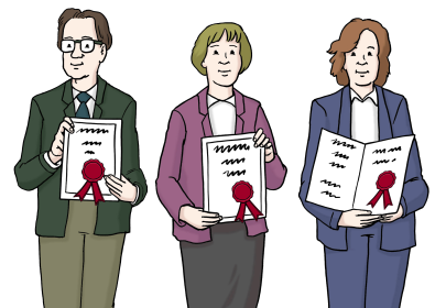 Drei Personen halten Urkunden mit Siegel hoch (© Lebenshilfe für Menschen mit geistiger Behinderung Bremen e.V., Illustrator Stefan Albers)