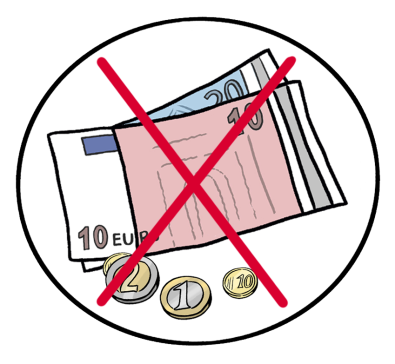 Geld-Scheine und Münzen durchgestrichen Geld-Scheine und Münzen durchgestrichen