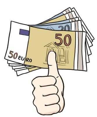 Ein Stapel Geldscheine und eine Hand mit hochgestrecktem Daumen Ein Stapel Geldscheine und eine Hand mit hochgestrecktem Daumen