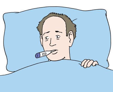 Mann liegt im Bett mit Fieberthermometer im Mund (© Lebenshilfe für Menschen mit geistiger Behinderung Bremen e.V., Illustrator Stefan Albers)