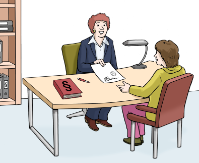 Beratungsgespräch zu rechtlichen Themen, zwei Personen am Tisch sitzend (© Lebenshilfe für Menschen mit geistiger Behinderung Bremen e.V., Illustrator Stefan Albers)