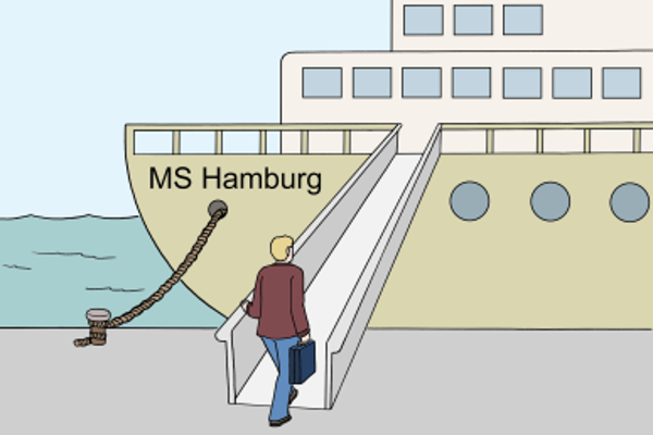 Ein Mann steigt auf ein Schiff Ein Mann steigt auf ein Schiff