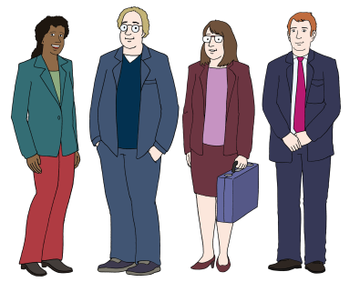 vier Mitarbeiter stehen nebeneinander vier Mitarbeiter stehen nebeneinander