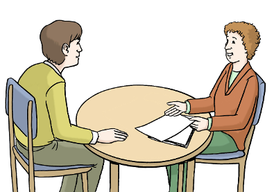zwei Personen im Beratungsgespräch (© Lebenshilfe für Menschen mit geistiger Behinderung Bremen e.V., Illustrator Stefan Albers) zwei Personen im Beratungsgespräch (© Lebenshilfe für Menschen mit geistiger Behinderung Bremen e.V., Illustrator Stefan Albers)