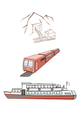 Bergbau-Symbol, Bahn-Symbol, Schiff (© Lebenshilfe für Menschen mit geistiger Behinderung Bremen e.V., Illustrator Stefan Albers)