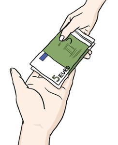 ein Stapel Geldscheine wird von Hand zur Hand gereicht  (© Lebenshilfe für Menschen mit geistiger Behinderung Bremen e.V., Illustrator Stefan Albers) ein Stapel Geldscheine wird von Hand zur Hand gereicht  (© Lebenshilfe für Menschen mit geistiger Behinderung Bremen e.V., Illustrator Stefan Albers)