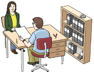 Zwei Personen im Gespräch im Büro (© Lebenshilfe für Menschen mit geistiger Behinderung Bremen e.V., Illustrator Stefan Albers)