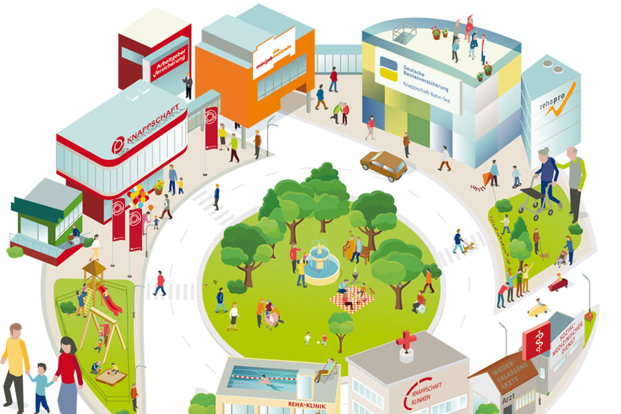 Verbundgrafik mit den verschiedenenn Bereichen der Deutschen Rentenversicherung Knappschaft-Bahn-See Verbundgrafik mit den verschiedenenn Bereichen der Deutschen Rentenversicherung Knappschaft-Bahn-See