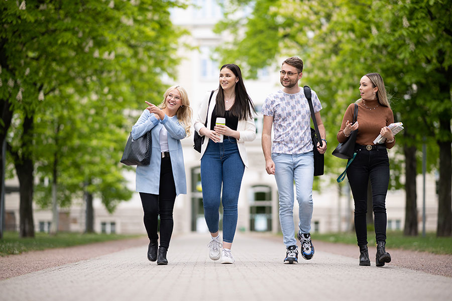 Vier Nachwuchskräfte laufen eine Allee entlang Vier Nachwuchskräfte laufen eine Allee entlang