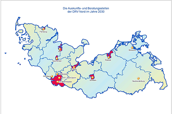 Das Bild zeigt eine Karte der Bundesländer Schleswig-Holstein, Hamburg und Mecklenburg-Vorpommern mit den Standorten der Auskunfts- und Beratungsstellen der DRV Nord Das Bild zeigt eine Karte der Bundesländer Schleswig-Holstein, Hamburg und Mecklenburg-Vorpommern mit den Standorten der Auskunfts- und Beratungsstellen der DRV Nord