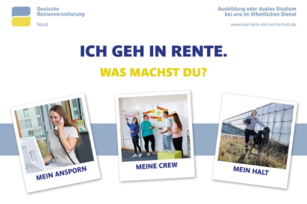 Zu sehen ist der aktuelle Messestand der DRV Nord mit drei Poloroidfotos von einer Auszubildenden in verschiedenen Arbeits- und Lebenssituationen Zu sehen ist der aktuelle Messestand der DRV Nord mit drei Poloroidfotos von einer Auszubildenden in verschiedenen Arbeits- und Lebenssituationen