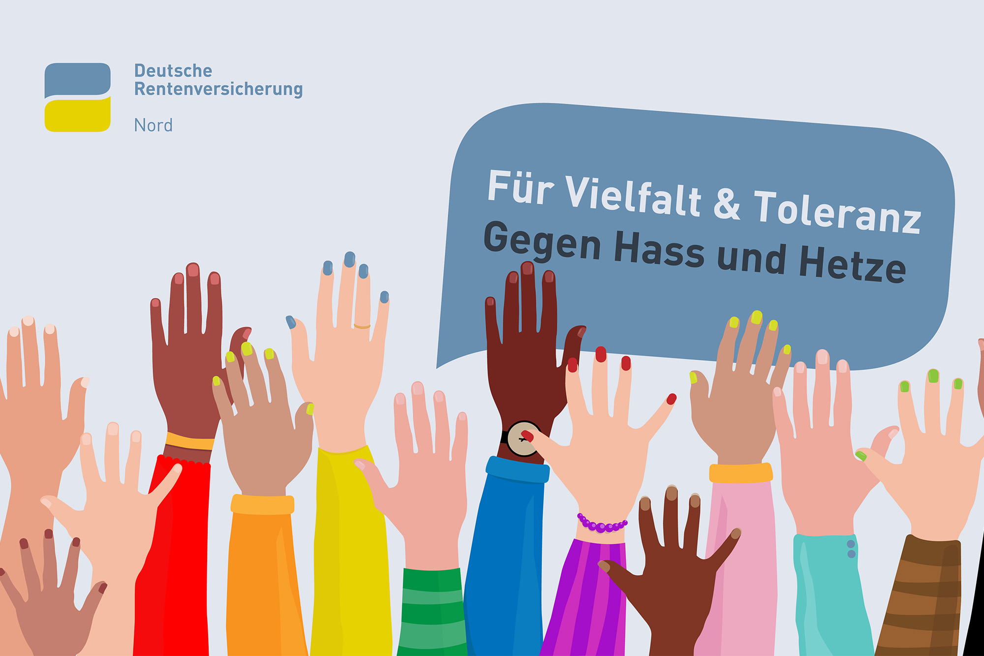 Das Bild zeigt verschiedenfarbige Hände und den Slogan "Für Vielfalt & Toleranz - Gegen Hass und Hetze"