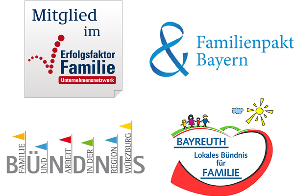 Mitglied im Erfolgsfaktor Familie, Familienpakt Bayern, Bündnis Familie und Arbeit in der Region Würzburg, Lokales Bündnis für Familie Bayreuth Mitglied im Erfolgsfaktor Familie, Familienpakt Bayern, Bündnis Familie und Arbeit in der Region Würzburg, Lokales Bündnis für Familie Bayreuth