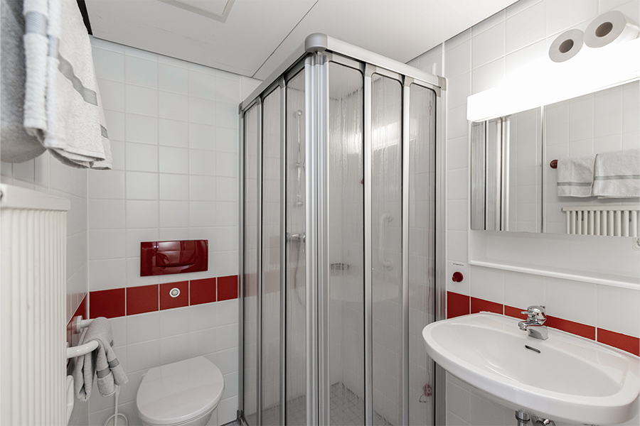 Ein beispielhaftes Patienten-Badezimmer mit Toilette, Dusche, Spiegel und Waschbecken. Ein beispielhaftes Patienten-Badezimmer mit Toilette, Dusche, Spiegel und Waschbecken.