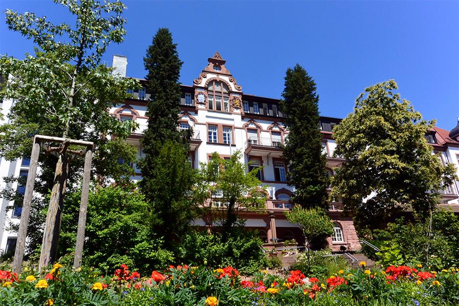 Ein Gebäude, umrahmt von Bäumen. Ein Gebäude, umrahmt von Bäumen.