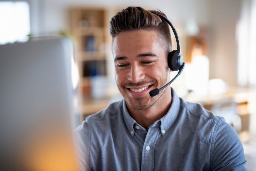 Eine Mann kommuniziert via Laptop und Headset