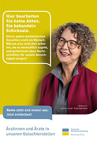 Portrait einer Frau mit Text in Sprechblase: Hier bearbeiten Sie keine Akten. Sie behandeln Schicksale. Hinter jedem medizinischen Gutachten steht ein Mensch. Warum nicht auch dort arbeiten, wo es menschlich zugeht? Portrait einer Frau mit Text in Sprechblase: Hier bearbeiten Sie keine Akten. Sie behandeln Schicksale. Hinter jedem medizinischen Gutachten steht ein Mensch. Warum nicht auch dort arbeiten, wo es menschlich zugeht?