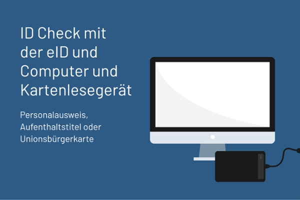 Screenshot aus dem Erklärvideo zum ID Check auf PC auf PC mit Kartenlesegerät und Personalausweis für das Kundenportal der Deutschen Rentenversicherung mit weißer Schrift auf blauem Grund und DRV-Logo mit PC und Kartenlesegerät