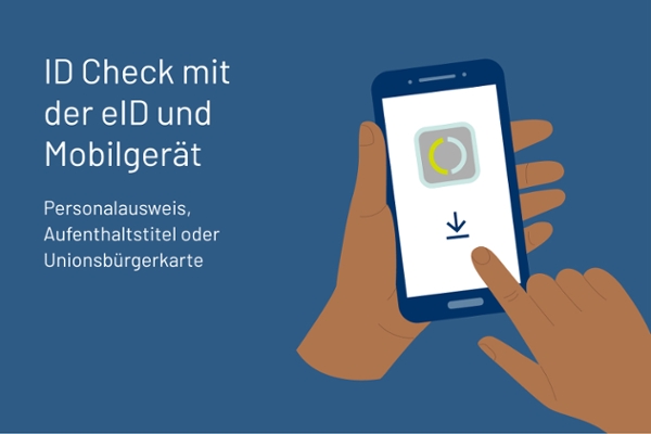 Screenshot aus dem Erklärvideo zum ID Check auf Smartphone mit Personalausweis für das Kundenportal der Deutschen Rentenversicherung mit weißer Schrift auf blauem Grund und DRV-Logo mit  Smartphone