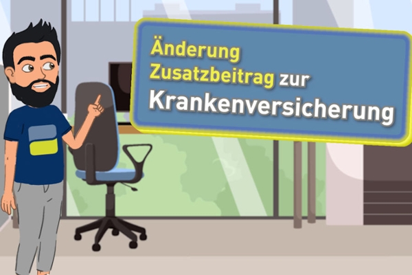 Illustration von einem Mann, der vor einem Schreibtisch steht. Der Text Änderung Zusatzbeitrag zur Krankenversicherung ist zu lesen. Illustration von einem Mann, der vor einem Schreibtisch steht. Der Text Änderung Zusatzbeitrag zur Krankenversicherung ist zu lesen.