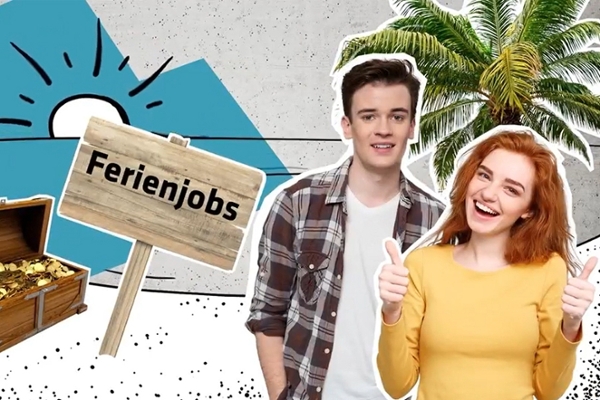 Screenshot aus dem Video mit einer Schülerin und einem Schüler auf einer Insel mit einer Schatztruhe sowie einem Holzschild mit der Aufschrift Ferienjobs Screenshot aus dem Video mit einer Schülerin und einem Schüler auf einer Insel mit einer Schatztruhe sowie einem Holzschild mit der Aufschrift Ferienjobs