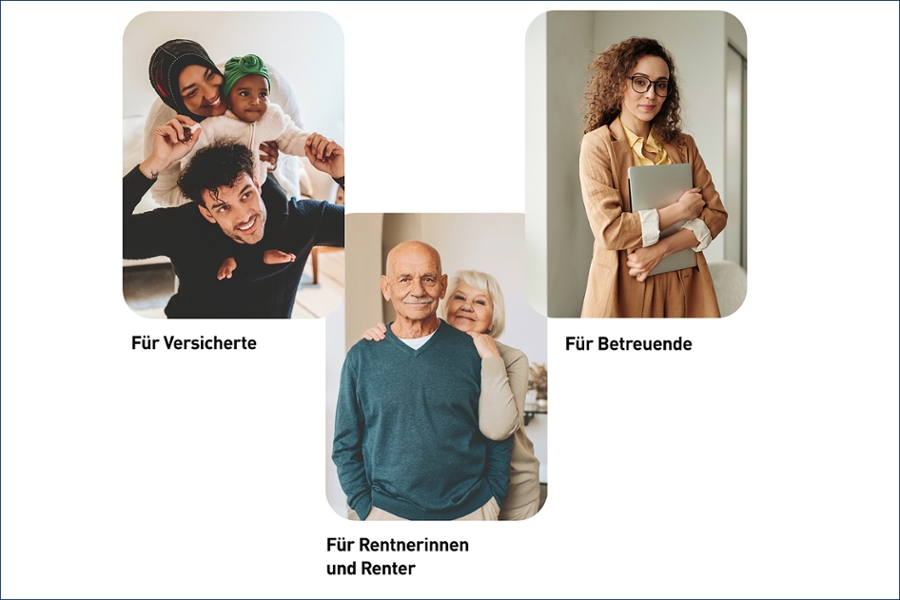 Eine Collage von drei Bildern mit einer jungen Familie mit Kleinkind, einem älteren Ehepaar und einer jungen Frau mit Akte Eine Collage von drei Bildern mit einer jungen Familie mit Kleinkind, einem älteren Ehepaar und einer jungen Frau mit Akte