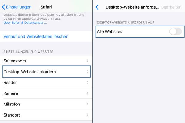 Einstellungen Safari zu Desktop-Website anfordern Einstellungen Safari zu Desktop-Website anfordern